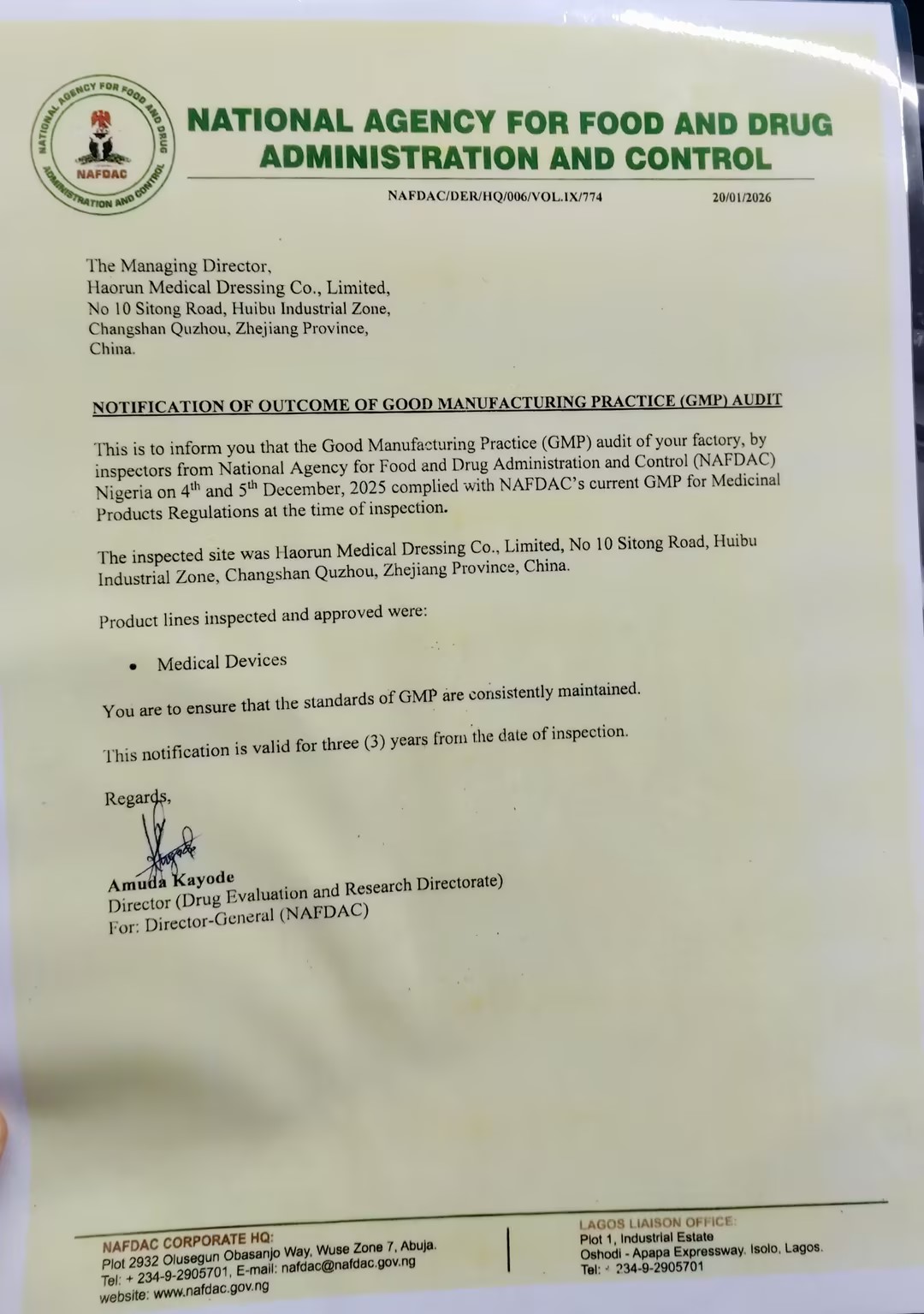 Haorun Medical Products reçoit officiellement la certification d'enregistrement NAFDAC au Nigéria